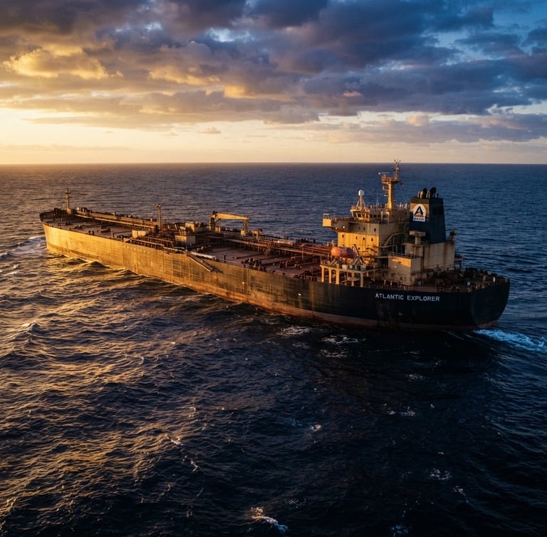 Wide-angle dramatic shot of a massive crude oil tanker at sea, low-sun golden hour light reflecting off deep blue water, metallic amber highlights.