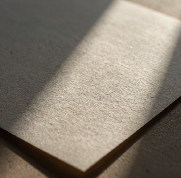 Macro close-up of textured handmade paper reflecting soft morning light, low contrast