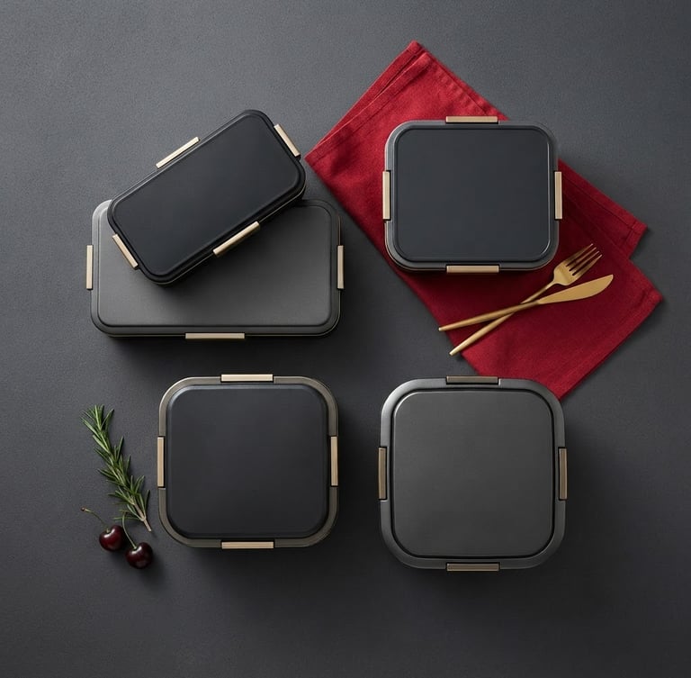 Clean studio food photography, top-down flat lay of elegant closed corporate lunchboxes on a solid dark grey backdrop with a crimson napkin accent, crisp overhead lighting, editorial