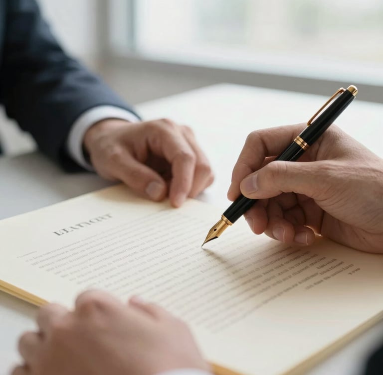Close-up of hands signing a legal deed with a gold-nibbed pen on textured cream paper, bright natural window light, shallow depth of field, 35mm