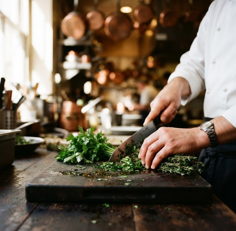 Close-up of a chef's hands in clean white uniform, meticulously slicing fresh herbs on a dark cutting board, high-contrast side-lighting from a kitchen window, warm copper tones reflecting off stainless steel in background, shallow depth of field.