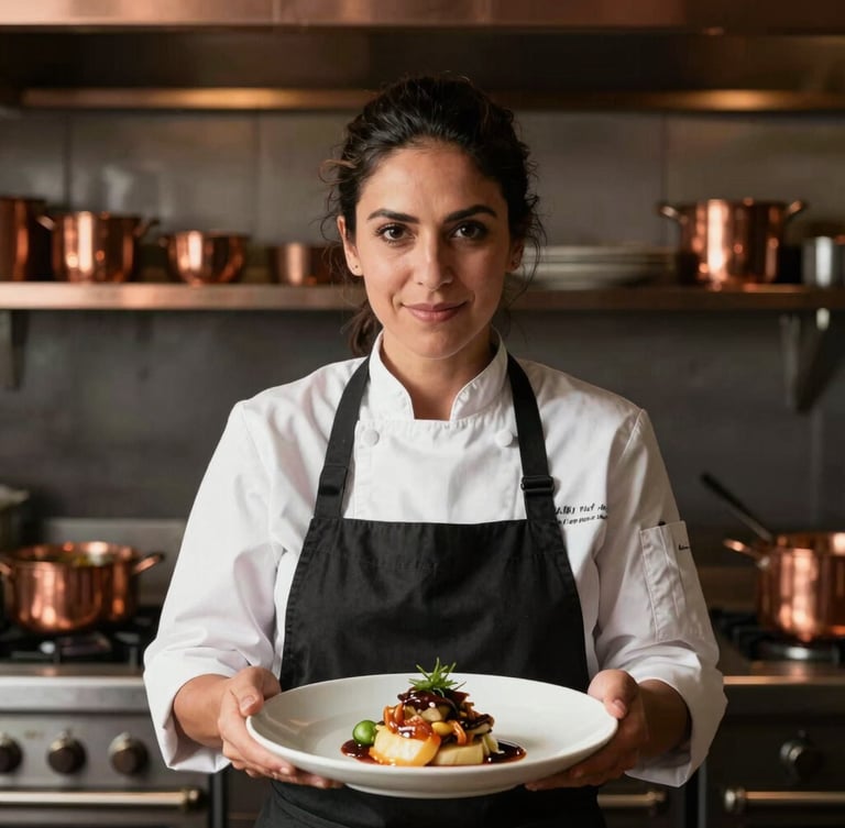Close-up portrait of Chef Maria Rodriguez, a successful alumna, in her bustling restaurant kitchen, hands holding a plated dish, high-contrast side-lighting, warm glow, shallow depth of field, copper accents, organized but active scene.