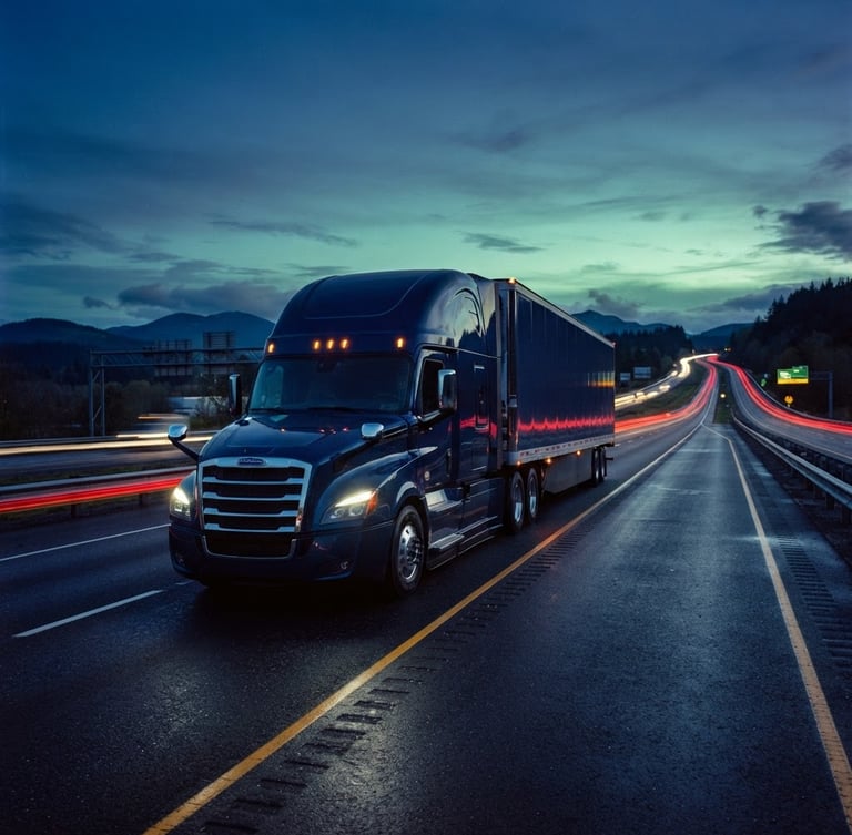 Low-angle heroic shot of a modern aerodynamic semi-truck driving on a clean American highway during cinematic twilight, light trails stretching into the distance, sharp focus, 35mm