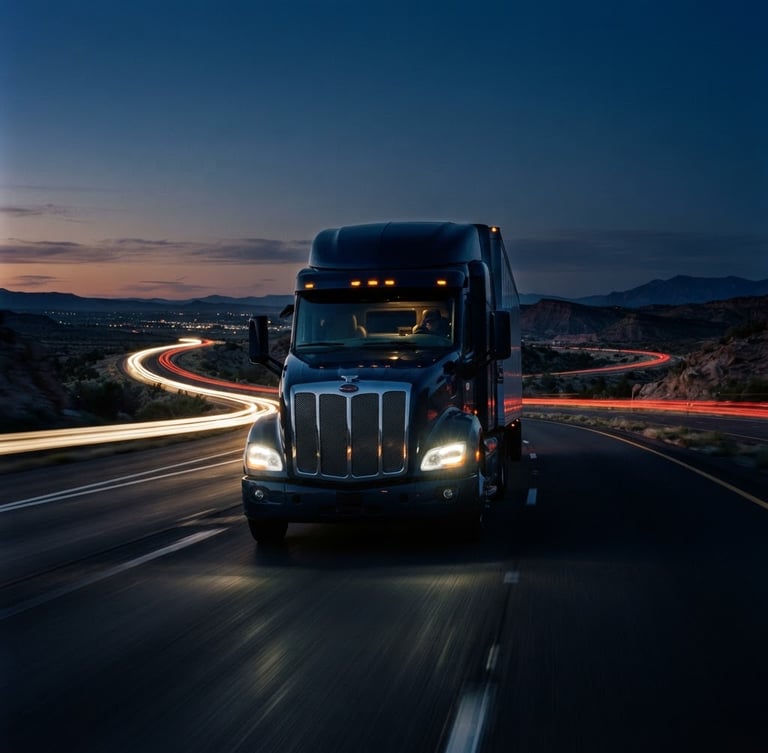 Low-angle heroic shot of a modern aerodynamic semi-truck driving on an open American highway at twilight, light trails, deep navy tone, cinematic commercial photography, 35mm.