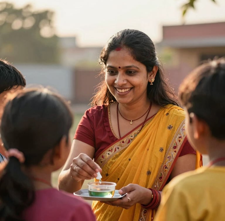 Candid medium close-up of a smiling Indian woman coordinator teaching children outdoors in Indore, warm golden-hour sunlight, authentic and hopeful