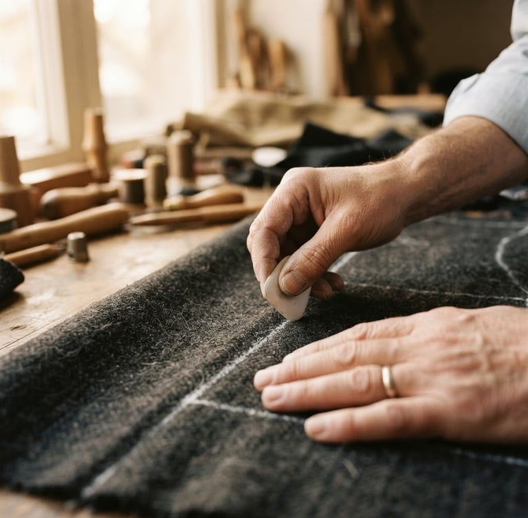 Macro close-up of a tailor's hands marking dark wool fabric with white chalk under soft workshop window light, warm editorial photography style.