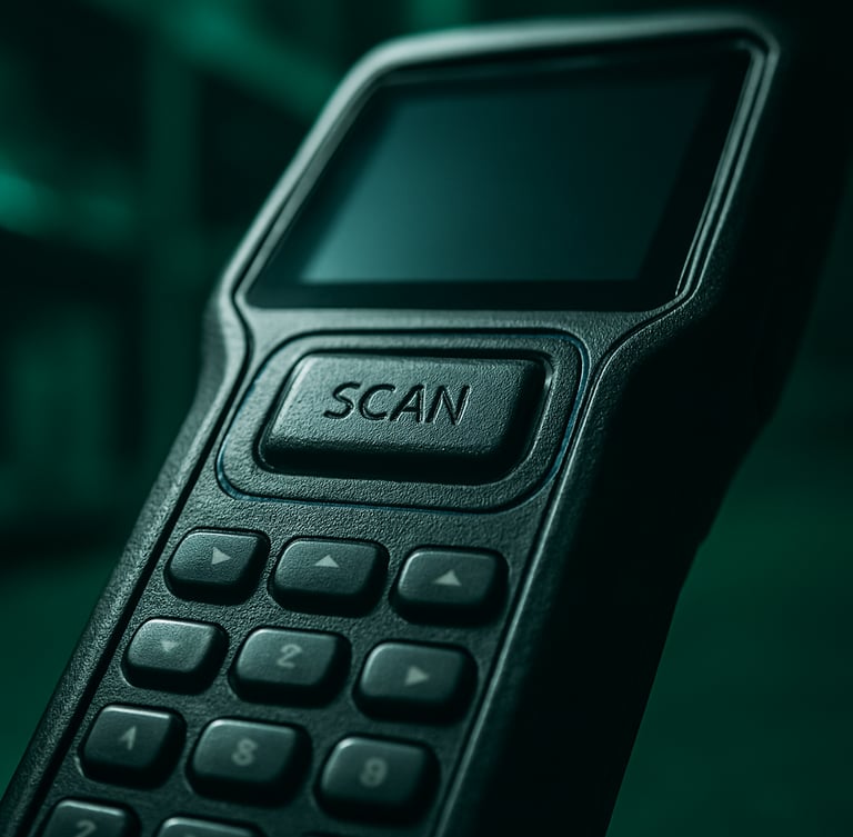 Tight macro shot of a rugged Android handheld scanner in a low-key lit warehouse, cool green terminal ambient glow, sharp focus on physical scan button, 50mm