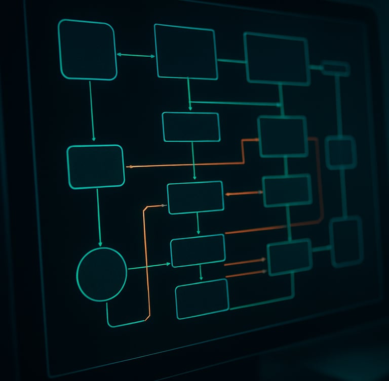 A detailed system architecture schematic on a high-resolution terminal monitor, showing data flow lines in terminal green and safety orange, low-key lighting, macro focus.