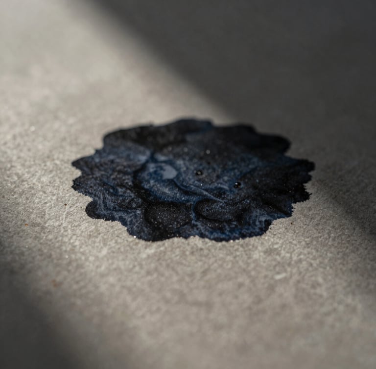 Macro close-up of dark ink drying on heavy textured paper, structured shadows, low-key morning light, quiet focus.
