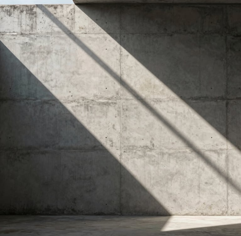 Enquadramento vertical preciso de uma parede de concreto bruto marcada por sombras geométricas nítidas projetadas pelo sol da tarde, sem elementos humanos, linhas perfeitamente niveladas.