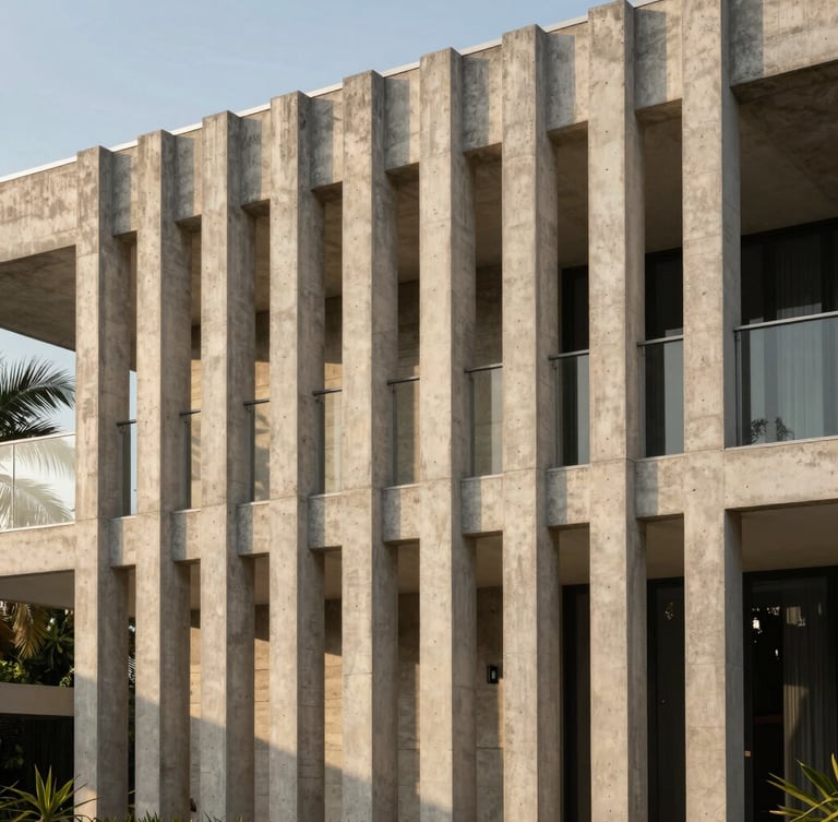 Sharp architectural photograph of a modernist concrete residence, clean vertical lines, warm tropical light hitting a raw concrete facade, portrait crop.