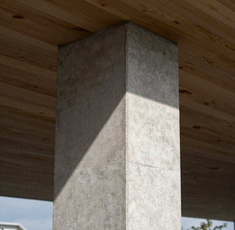 Vertical portrait of a raw concrete column meeting a timber ceiling, extreme close-up of the material joint, hard geometric shadow cutting diagonally, natural overcast daylight, high-contrast