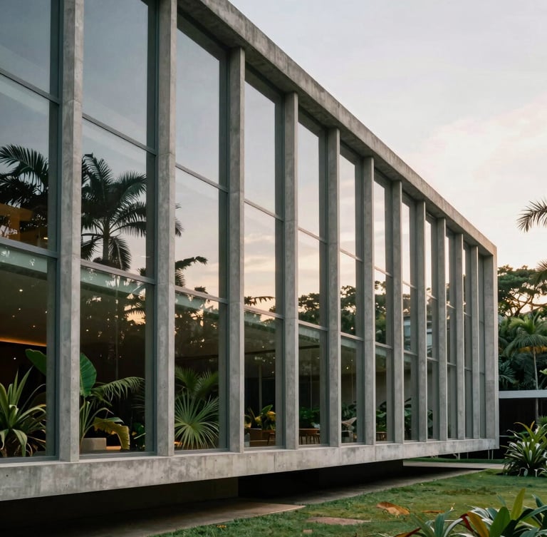 Wide architectural photograph of a modernist concrete pavilion in São Paulo, lush tropical garden reflecting on large glass panels, soft afternoon light, vertical lines aligned.
