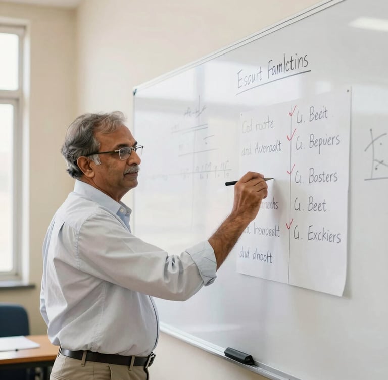 A senior Indian professor writing exam patterns on a clean whiteboard, bright natural classroom lighting, professional academic setting.