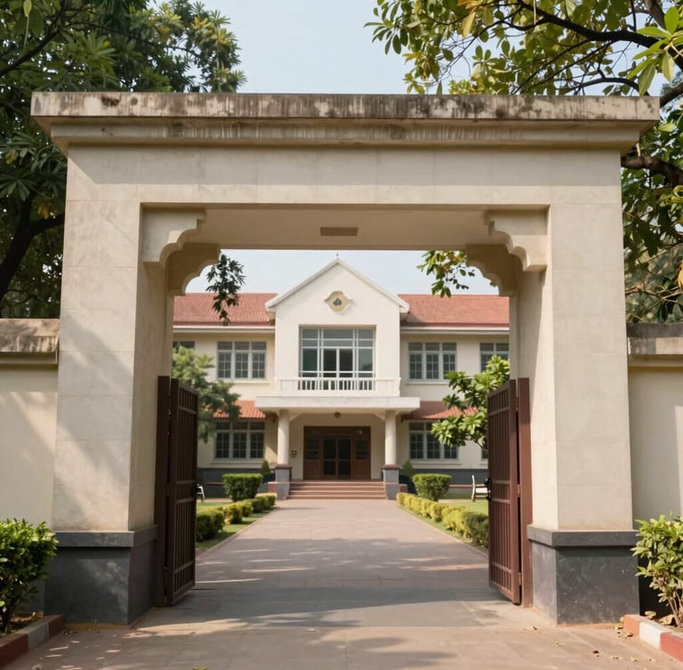 A bright, natural daylight shot of a modern Indian college stone archway, with green foliage framing the academic building in the background.
