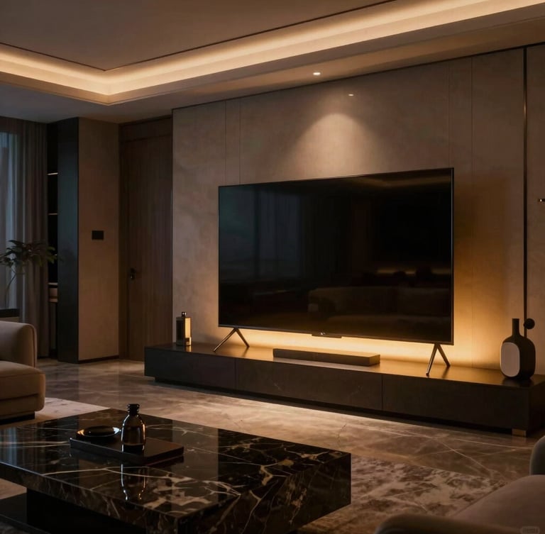Cinematic wide shot of a dimly lit, ultra-luxury modern living room at night. A large, high-end television glows with warm amber light-trails, casting a soft golden illumination onto a dark marble coffee table. In the background, minimalist architectural lines and soft shadows create an exclusive, cozy atmosphere. No people.