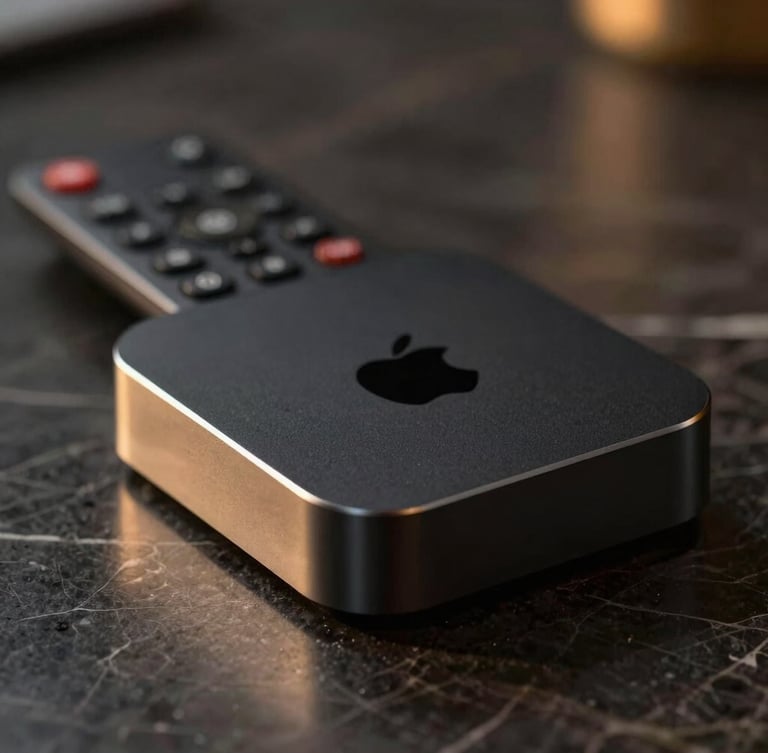 Macro close-up of a sleek black Apple TV remote resting on a dark polished marble table, soft golden ambient light reflecting off the metallic edges, shallow depth of field.