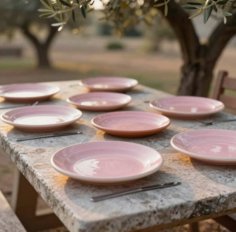 A rustic stone table set outdoors under olive trees, soft pink hand-painted ceramic plates catch the warm golden-hour sunlight, shallow depth of field, warm editorial photography, 35mm
