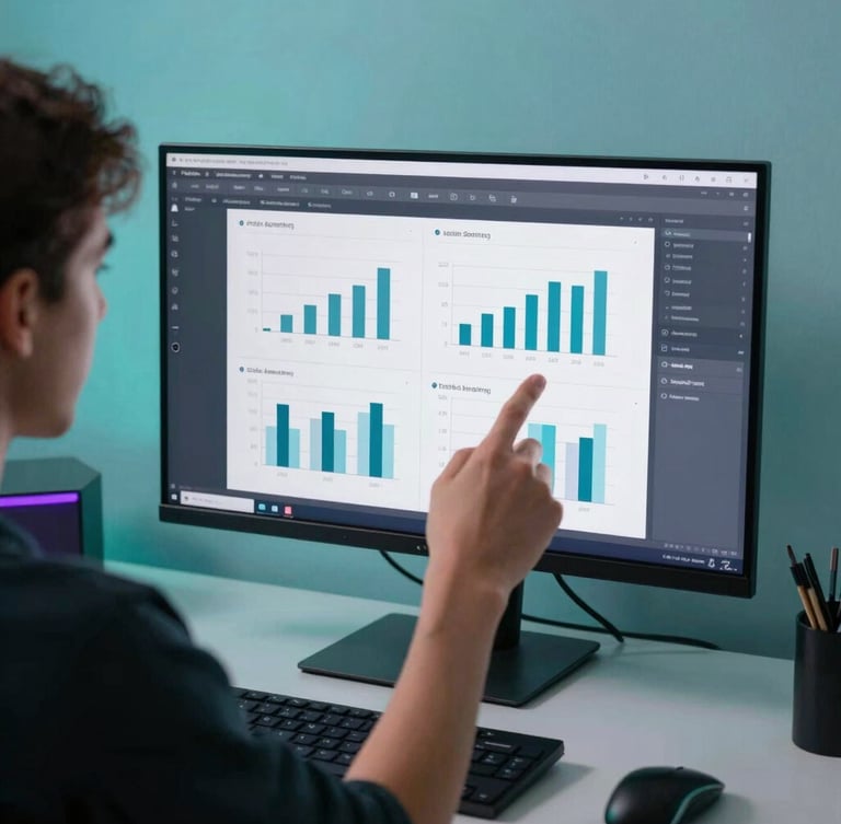 Over-the-shoulder shot of a creator analyzing clean graphs on a high-resolution dark monitor, soft teal gel lighting, modern workspace, 35mm