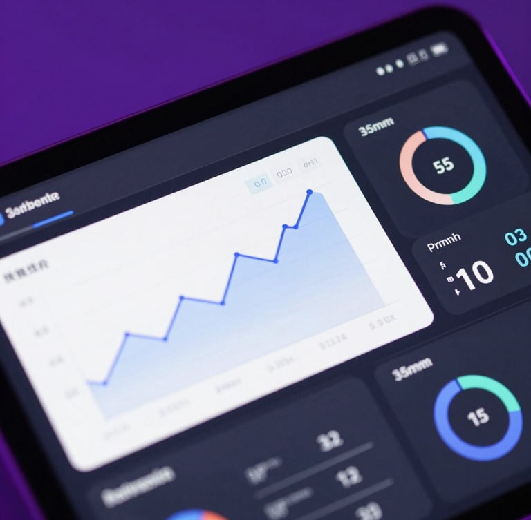 Close-up of a high-end digital interface showing clean analytics graphs and revenue metrics on a dark screen, subtle violet studio light, sharp focus, 35mm