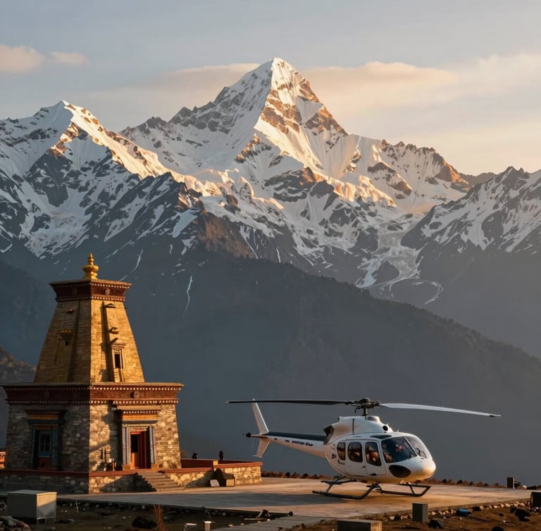 A wide panoramic view of the majestic snow-capped Himalayan peaks at golden hour, with a premium helicopter landing softly near an ancient stone temple, warm morning light, expansive sky.
