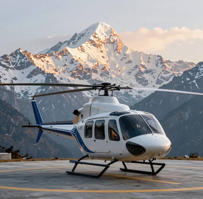 A premium five-seater helicopter resting on a clean mountain helipad, majestic snow-covered peaks of Uttarakhand rising behind under a soft golden sunrise.