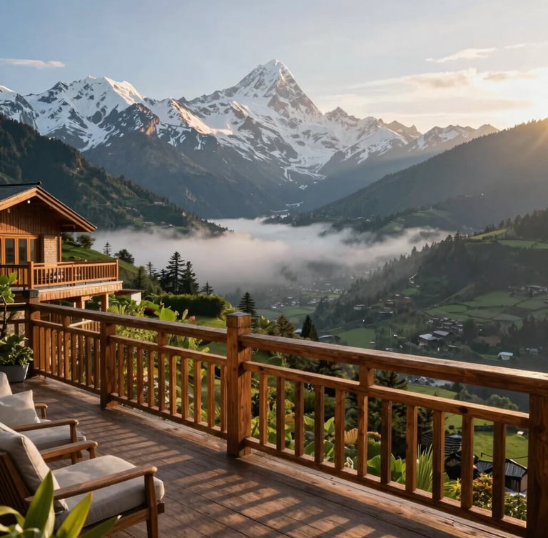 Wide environmental shot of a luxurious wooden resort balcony overlooking misty green valleys and snow-capped Himalayan peaks at golden sunrise, warm morning light.