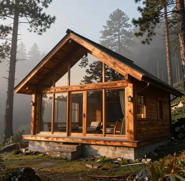 A luxury wooden cottage with wide glass windows overlooking a misty pine forest in Manali, soft golden sunrise light casting long shadows, premium editorial framing.