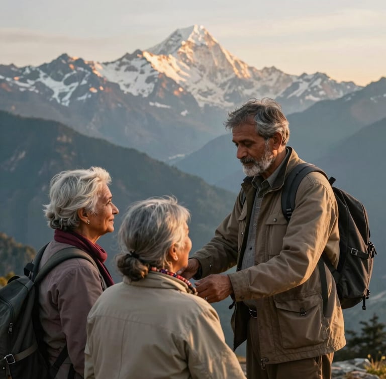 A warm, respectful local Indian guide assisting an elderly couple near a scenic mountain viewpoint, majestic Himalayas in the background, soft golden hour light.