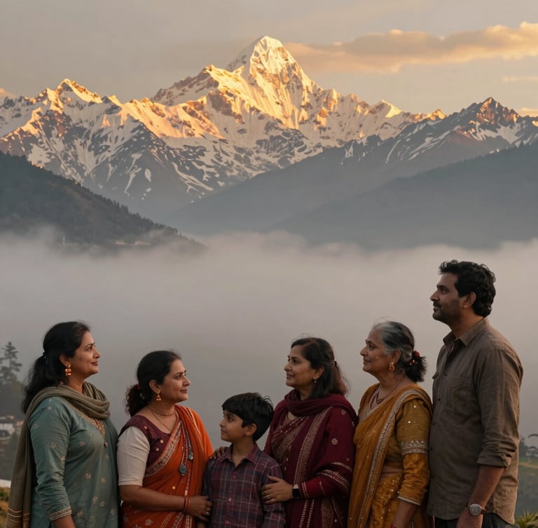 Wide environmental portrait of a multi-generational Indian family looking towards the golden sunrise over snow-capped Himalayan peaks, soft morning mist, cinematic lighting.