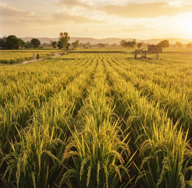 Wide panoramic low-angle shot of sun-drenched basmati rice fields in Punjab at golden hour, vibrant green and gold stalks, shallow depth of field, 35mm