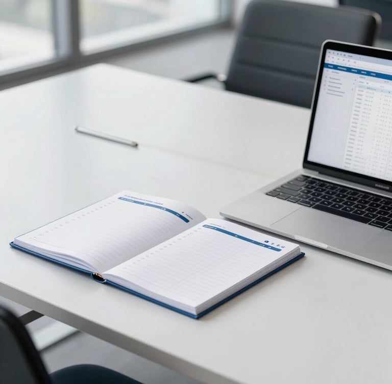 A bright, modern corporate office workspace with clean desk surfaces, a structured planner, and a laptop showing organized spreadsheets, neutral daylight