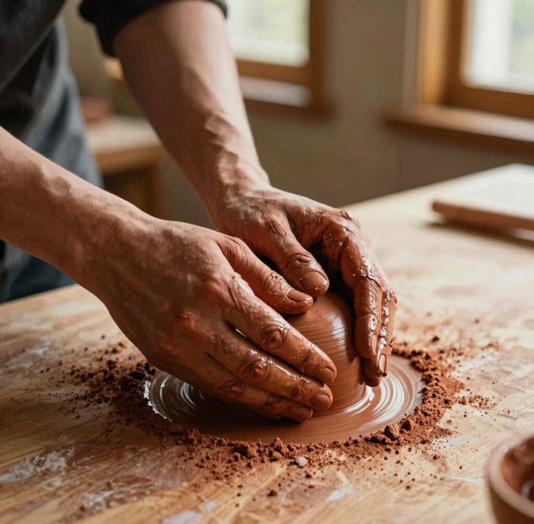 hands kneading rich terracotta clay on a wooden workbench, warm golden-hour window light casting soft shadows, tactile clay dust, 35mm film style