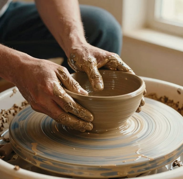 Close-up portrait of hands covered in wet clay shaping a bowl on a spinning potter's wheel, soft side-lighting highlighting the texture of the clay, warm tones