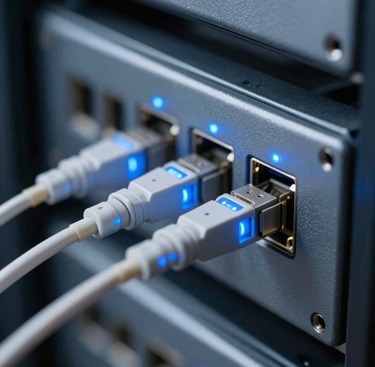 Macro shot of physical fiber optic connections with glowing blue laser light in a clean server rack, architectural precision, cool slate tones, 35mm