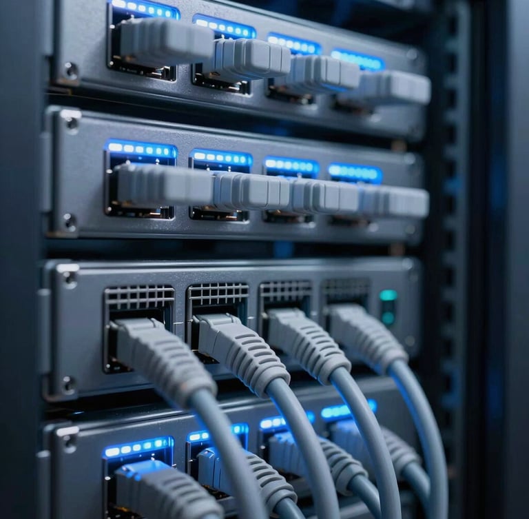 Macro photograph of structured cabling in an enterprise server rack, cool blue LED accents, sharp technical lighting, shallow depth of field