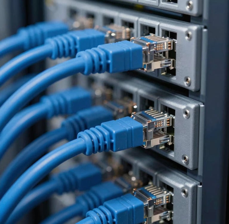 Macro shot of structured cabling in a server rack, perfectly organized blue Ethernet cables with clean labels, cool technical lighting, shallow depth of field, 35mm