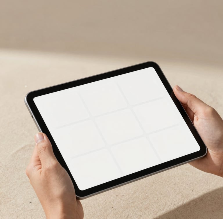 Close-up of a designer hands working on a sleek tablet, displaying clean minimalist layout grids, soft warm sunlight, neutral sand background