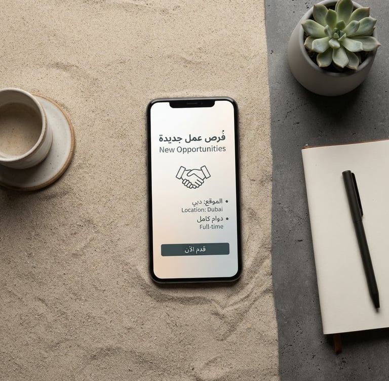 Minimalist digital mockup flat-lay of a modern workspace, a smartphone displaying a clean Arabic-English social media design, soft studio light, sand and charcoal background