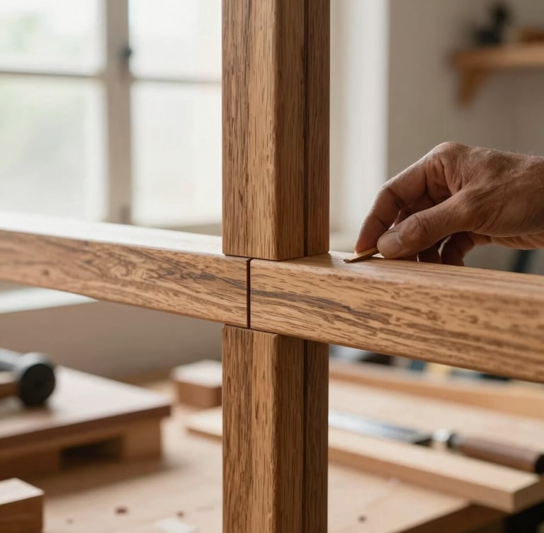 Close-up of a craftsman hand-finishing a customized wooden joint in a bright Dehradun workshop, natural diffused light, rich oak texture, 35mm