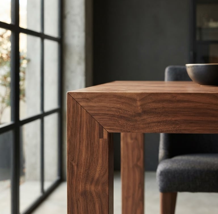 Warm, daylight-drenched close-up of a custom walnut dining table with seamless joinery, soft window light, architectural framing