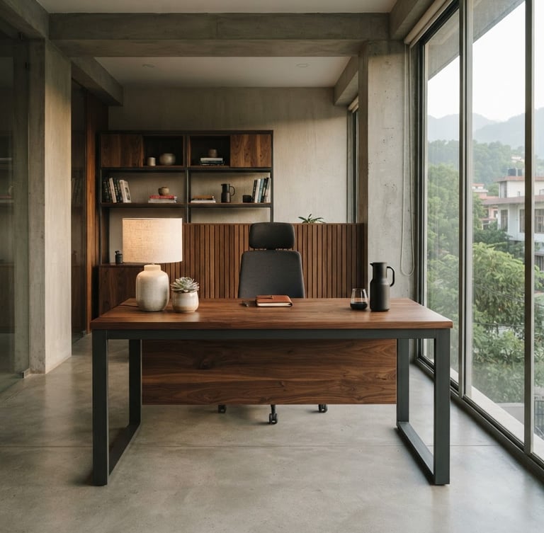 Straight-on architectural shot of a minimalist office interior in Dehradun featuring a custom executive table in rich oak and matte charcoal steel, natural morning light, 35mm