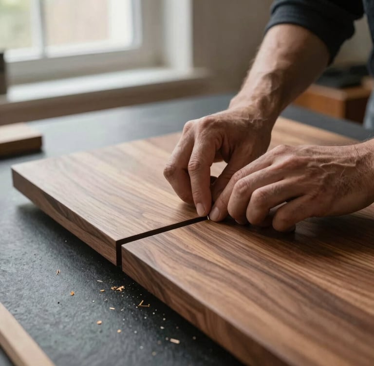 Close-up of a craftsman's hands carefully aligning a seamless joint on a warm walnut tabletop, soft window light, fine wood shavings on a dark slate workbench, 35mm