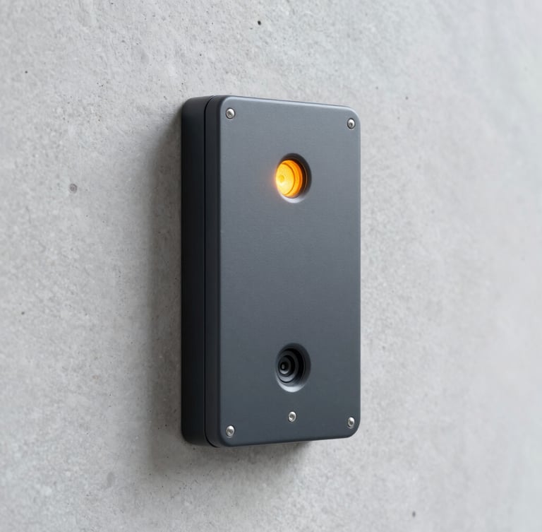 Straight-on medium shot of a sleek dark gray biometric access control terminal mounted on a clean concrete wall, safety-amber indicator light glowing softly.
