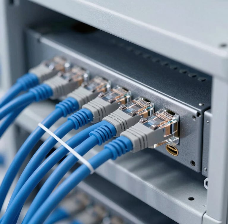 Detail shot of neatly organized blue and gray ethernet cables connected to a security rack, clean zip ties, bright cool-toned indoor lighting, no messy wires.