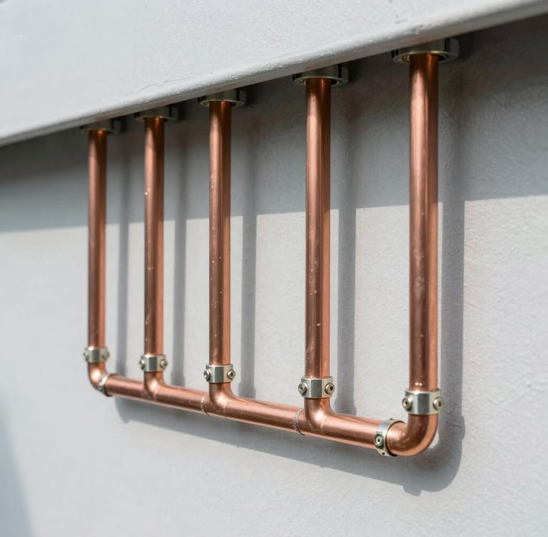 Precise alignment of copper HVAC pipes and clean electrical connections on a light industrial wall, crisp technical daylight photography, 35mm lens