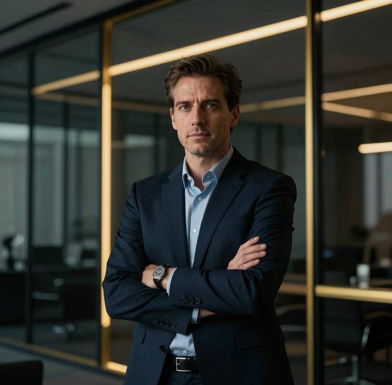 Cinematic portrait of a confident hedge fund manager in a dark-mode modern glass office, gold rim lighting, shallow depth of field, 35mm