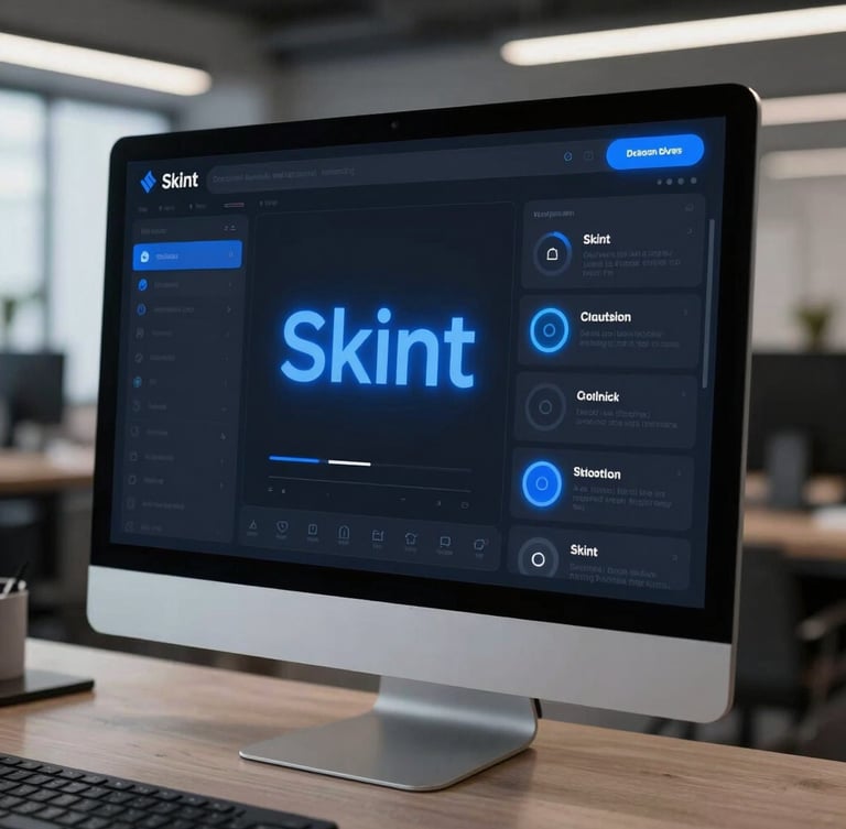 Sleek dark-mode mockup of the Skint platform interface on a modern desktop monitor, glowing electric blue accents, crisp studio lighting, clean tech office background, shallow depth of field.