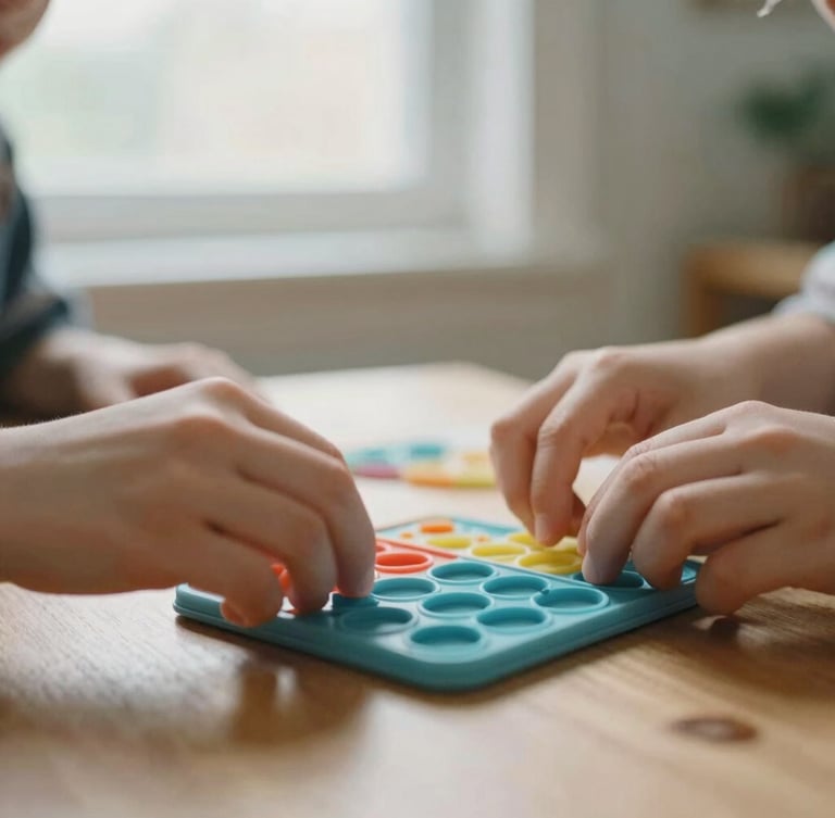Close-up of hands organizing tactile learning tools on a wooden desk, soft natural window light, muted organic tones, shallow depth of field, 35mm, candid editorial shot.