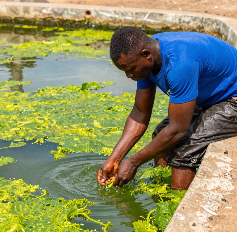 A bright, outdoor photo of a Ghanaian fish farmer checking water quality in an active concrete pond, vibrant green algae water glistening under natural daylight, sharp focus, 35mm lens.